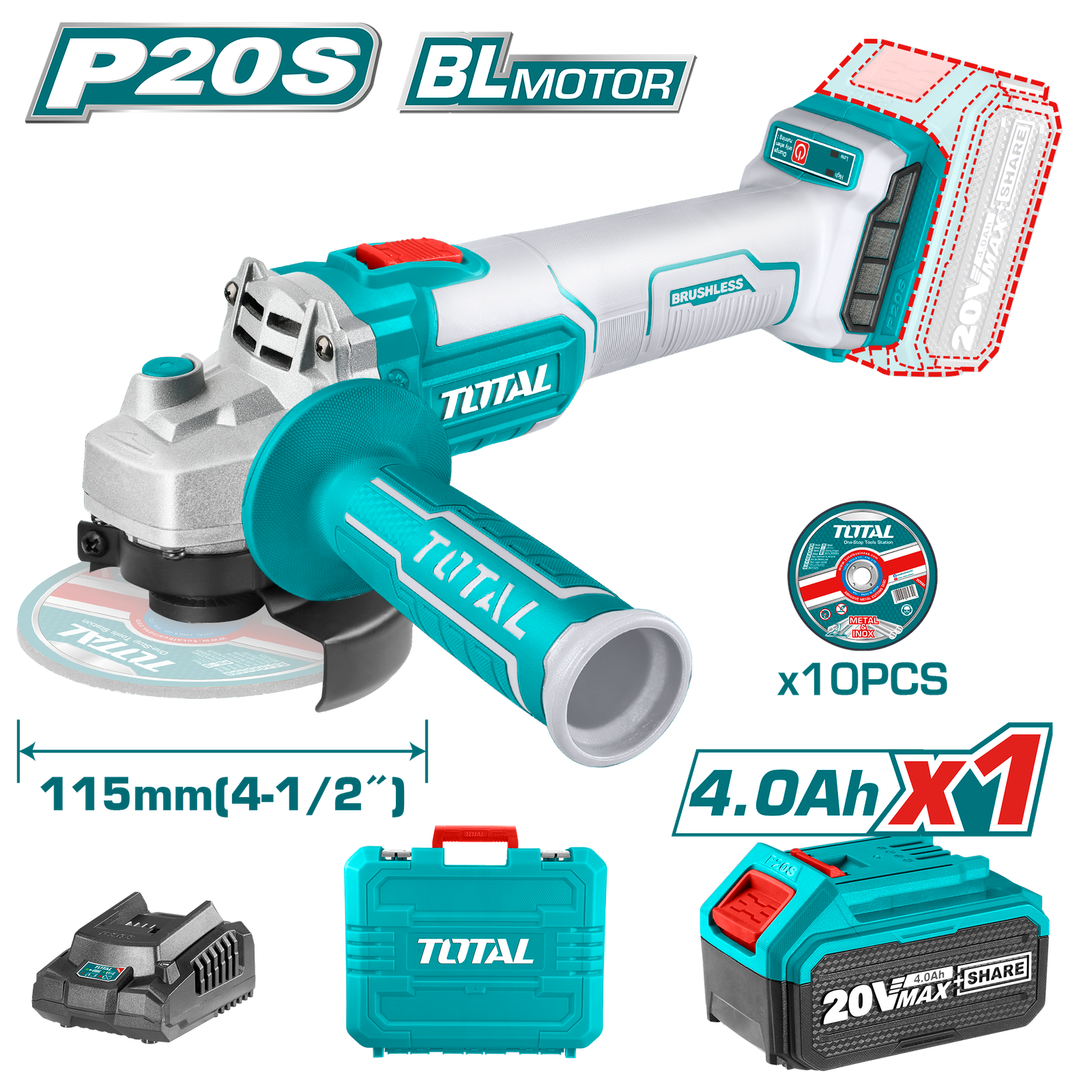 TAGLI2011587 Meuleuse Sans Fil TOTAL 20V – Brushless 115mm 4.0Ah – Image 1