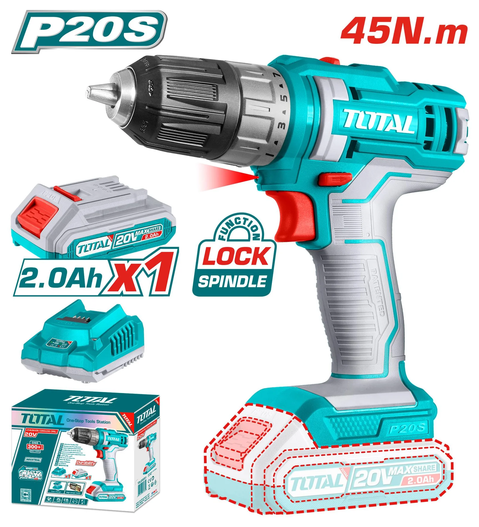 Perceuse Sans Fil TOTAL 20V – 45N.m Puissante & Compacte Perceuse Sans Fil TOTAL 20V – 45N.m – Image 1