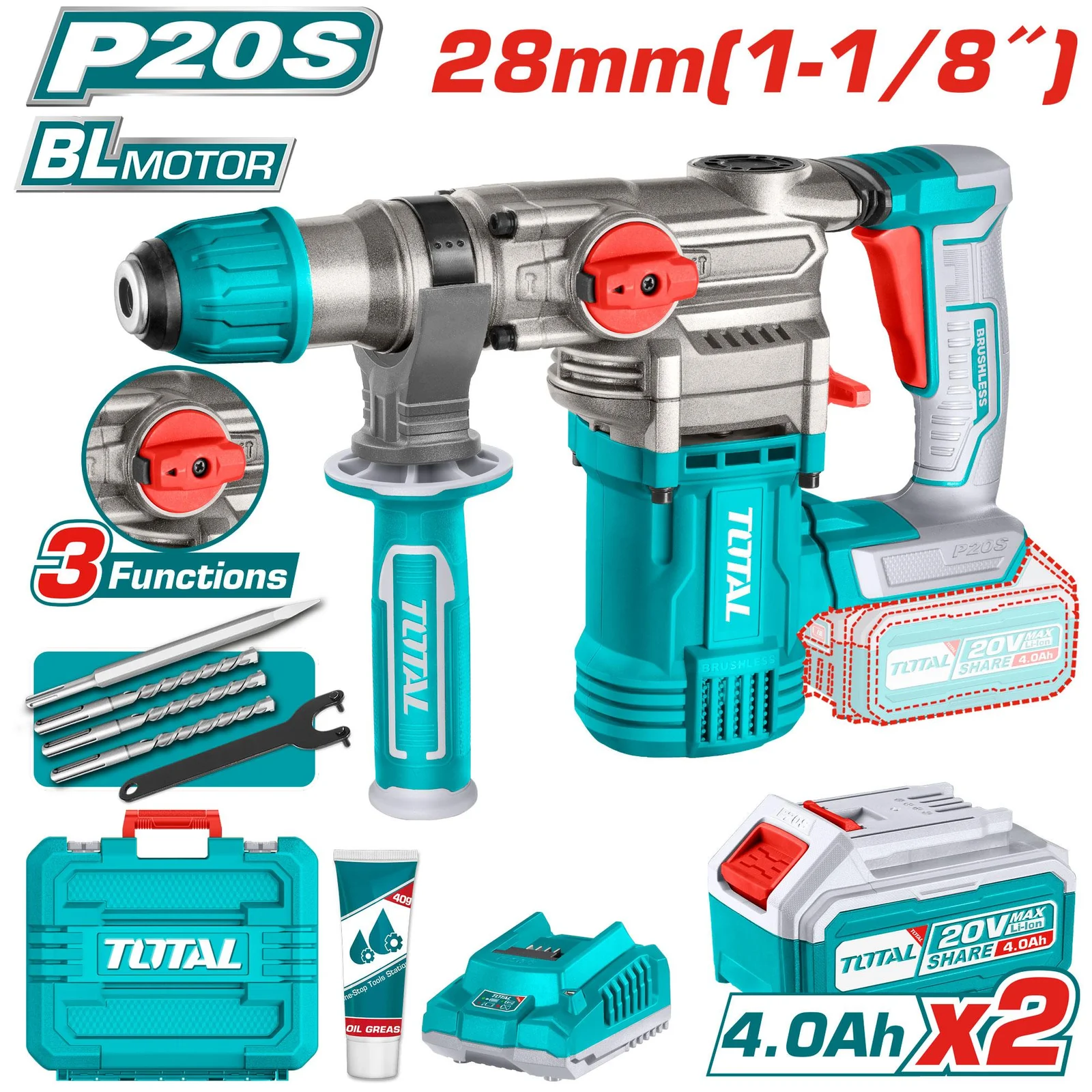 Marteau Perforateur TOTAL 20V – Brushless 28mm 3 Fonctions Marteau Perforateur TOTAL 20V – Brushless 28mm 3 Fonctions – Image 1