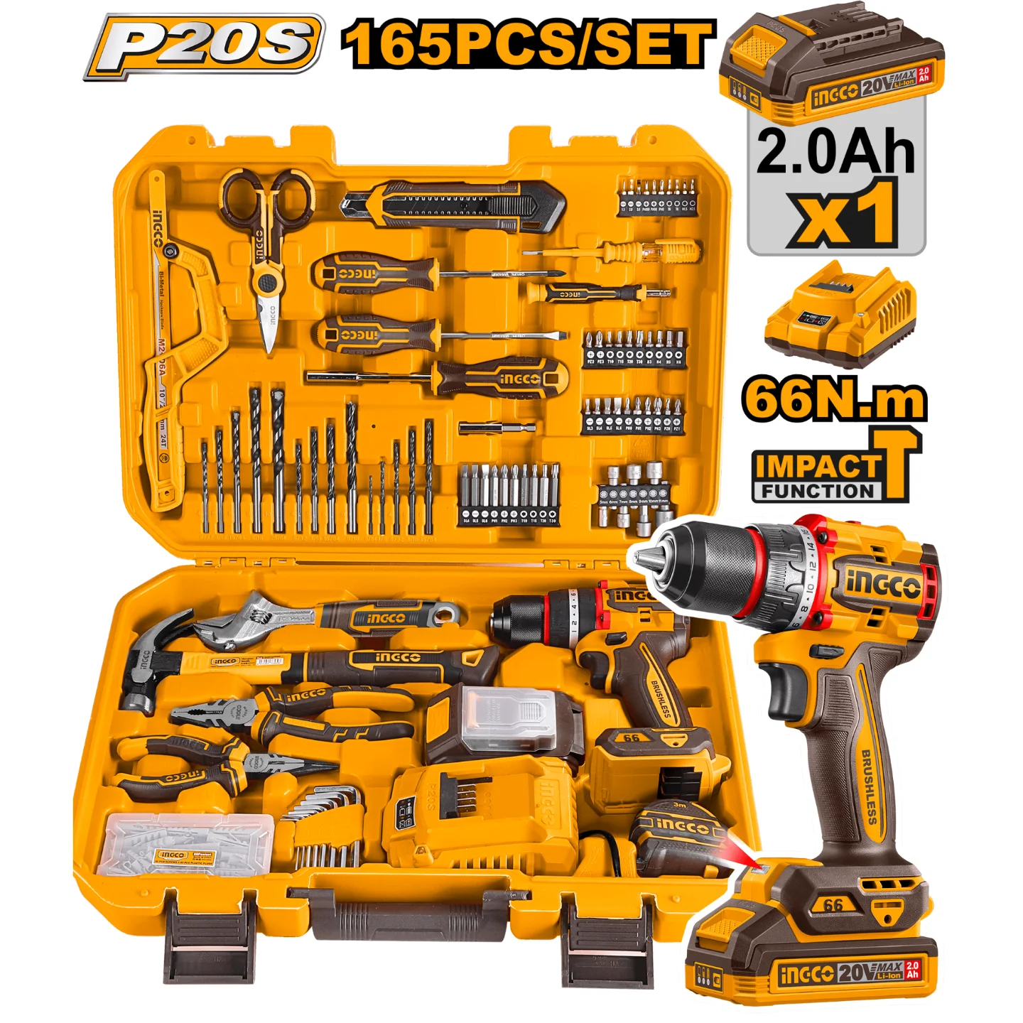 product_image-untitled-design-20-6082 Kit Perceuse Visseuse Sans Fil INGCO 165 Pièces 20V P20S – Image 1