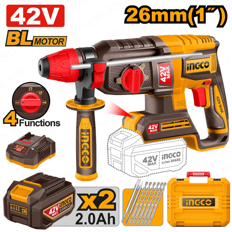 Marteau perforateur sans fil Ingco 42 V/26 mm (1 pouce) Lithium-Ion CRHLI422682 ING-CT Marteau perforateur 42V-26mm CRHLI422682 – Image 1