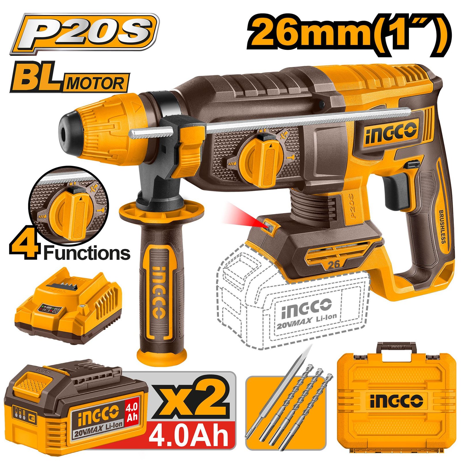 CRHLI202682 Perforateur INGCO 20V 26mm brushless SDS+ pro kit – Image 1