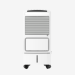 White portable air conditioner on caster wheels with front louvers and a removable front panel, standing on a white background.