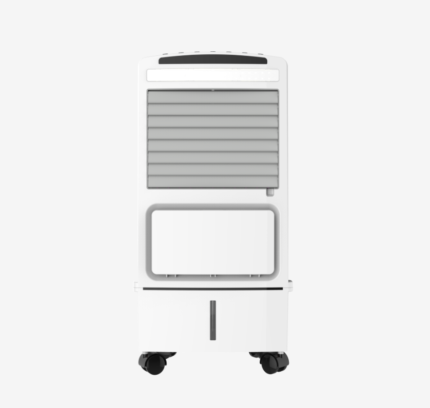 White portable air conditioner on caster wheels with front louvers and a removable front panel, standing on a white background.
