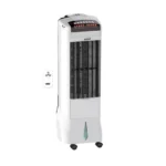 Tall white portable air cooler on wheels with black front vent panels and a blue water level indicator at the base, shown with a remote control on the side.