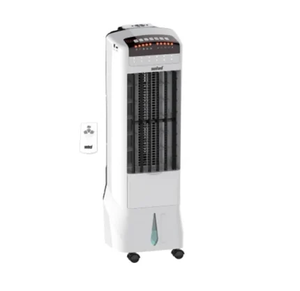 Tall white portable air cooler on wheels with black front vent panels and a blue water level indicator at the base, shown with a remote control on the side.