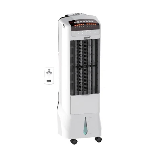 41060133300 Tall white portable air cooler on wheels with black front vent panels and a blue water level indicator at the base, shown with a remote control on the side.