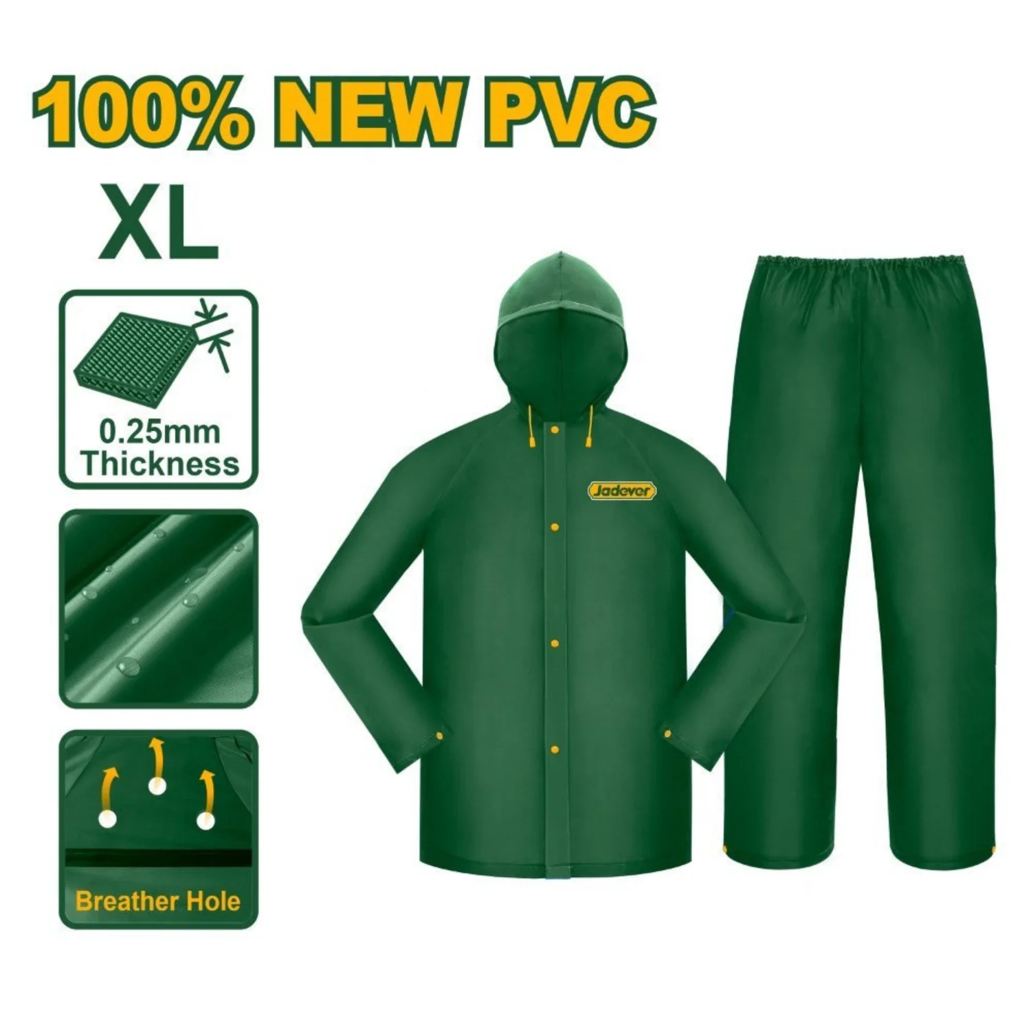 Jadever_XL_Rain_Suit_Waterproof_Lightweight Ensemble de Pluie Imperméable Vert XL Jadever | PVC – Image 1