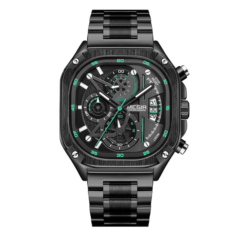 Megir-2217-Square-Dial-Stainless-Steel-Waterproof-Fashion-Men-s-Watch Montre MEGIR Chrono Homme - Full Black & Vert Turquoise – Image 1