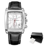 Montre MEGIR Homme - Chronographe Carré Argent & Cuir Noir