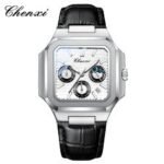 Montre CHENXI Homme Luxe - Carrée Argent & Cuir Noir Chic