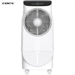 White portable fan with a large circular front grille, control panel on a black top, and caster wheels at the base; COEX logo in the corner