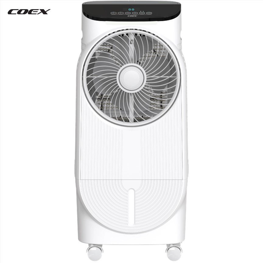 Climatiseur portable AEMAR AE1186 rechargeable compact White portable fan with a large circular front grille, control panel on a black top, and caster wheels at the base; COEX logo in the corner