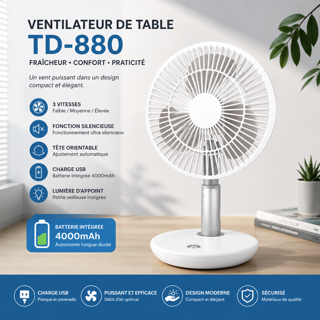 Ventilateur de Table TD-880 : Fraîcheur & Autonomie USB Ventilateur de Table TD-880 : Fraîcheur & Autonomie USB – Image 1