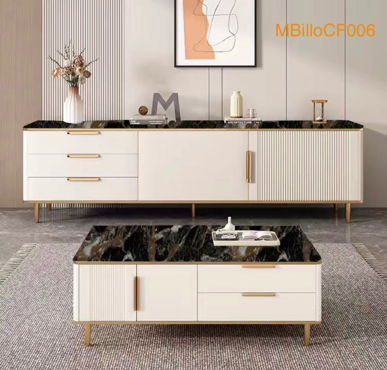 Ensemble Meuble TV et Table Basse Marbre Noir MBilloCF006 Ensemble Meuble TV et Table Basse Marbre Noir MBilloCF006 – Image 1