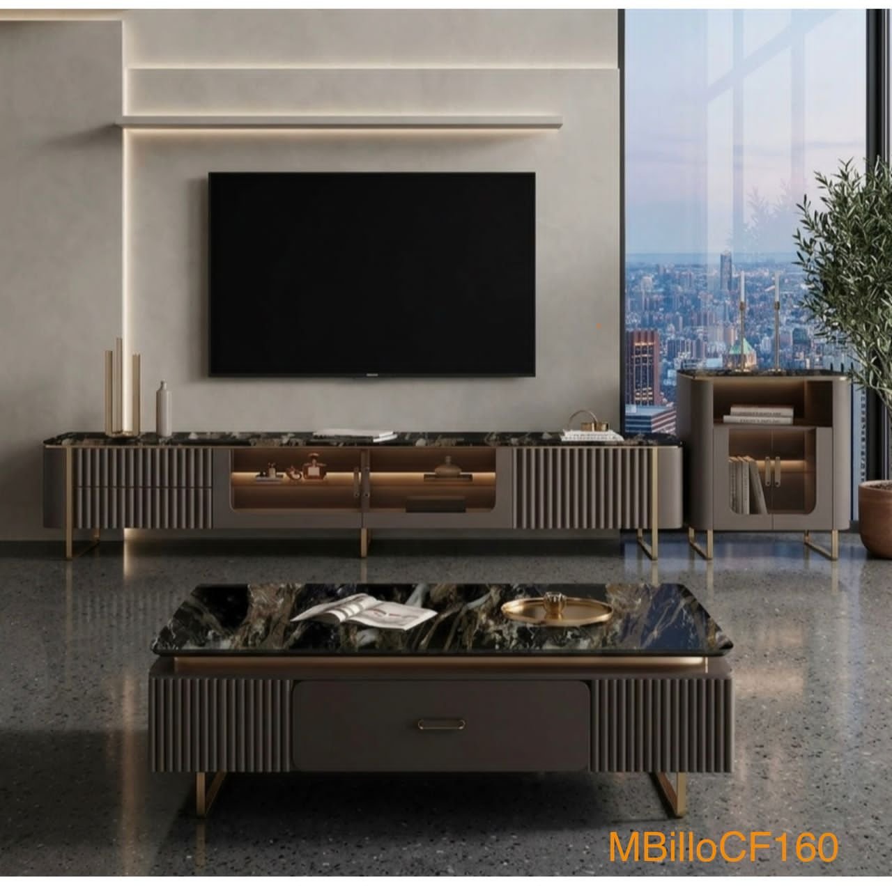 Ensemble Meuble TV, Table et Vitrine Marbre MBilloCF160 Ensemble Meuble TV, Table et Vitrine Marbre MBilloCF160 – Image 1