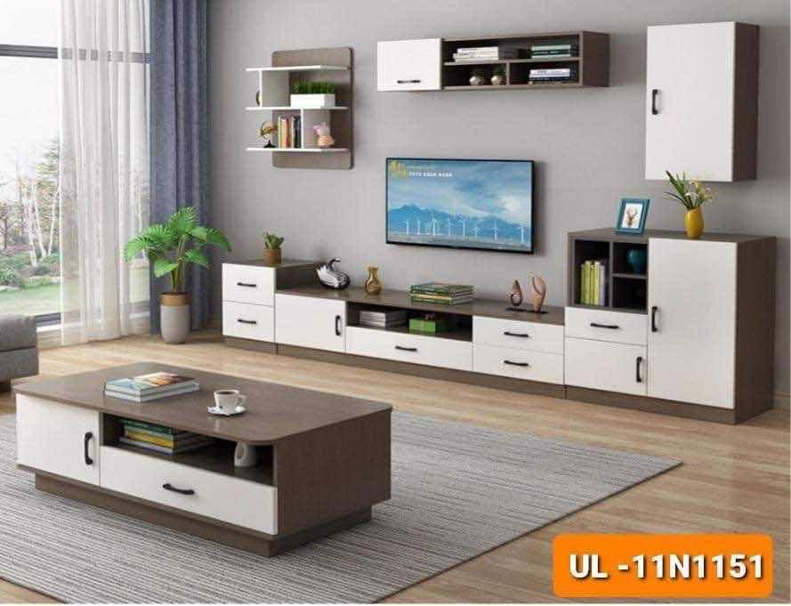 Ensemble Meuble TV et Table Basse Bois et Blanc UL-11N1151 Ensemble Meuble TV et Table Basse Bois et Blanc UL-11N1151 – Image 1