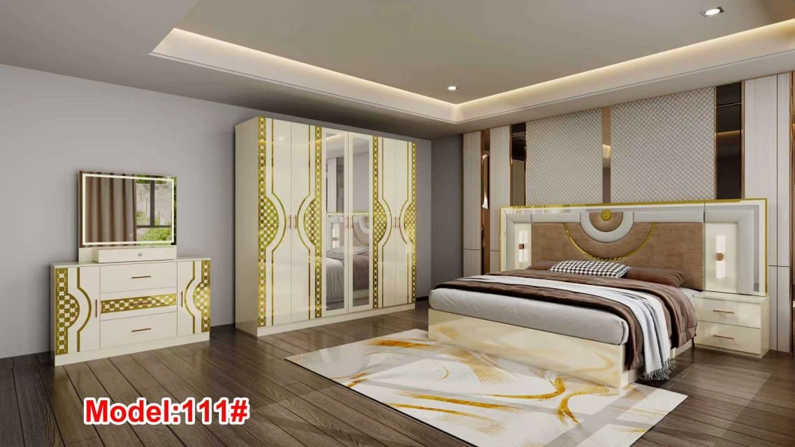 Ensemble Chambre à Coucher Adulte Luxe Blanc et Or 111# Ensemble Chambre à Coucher Luxe Blanc et Or – Image 1