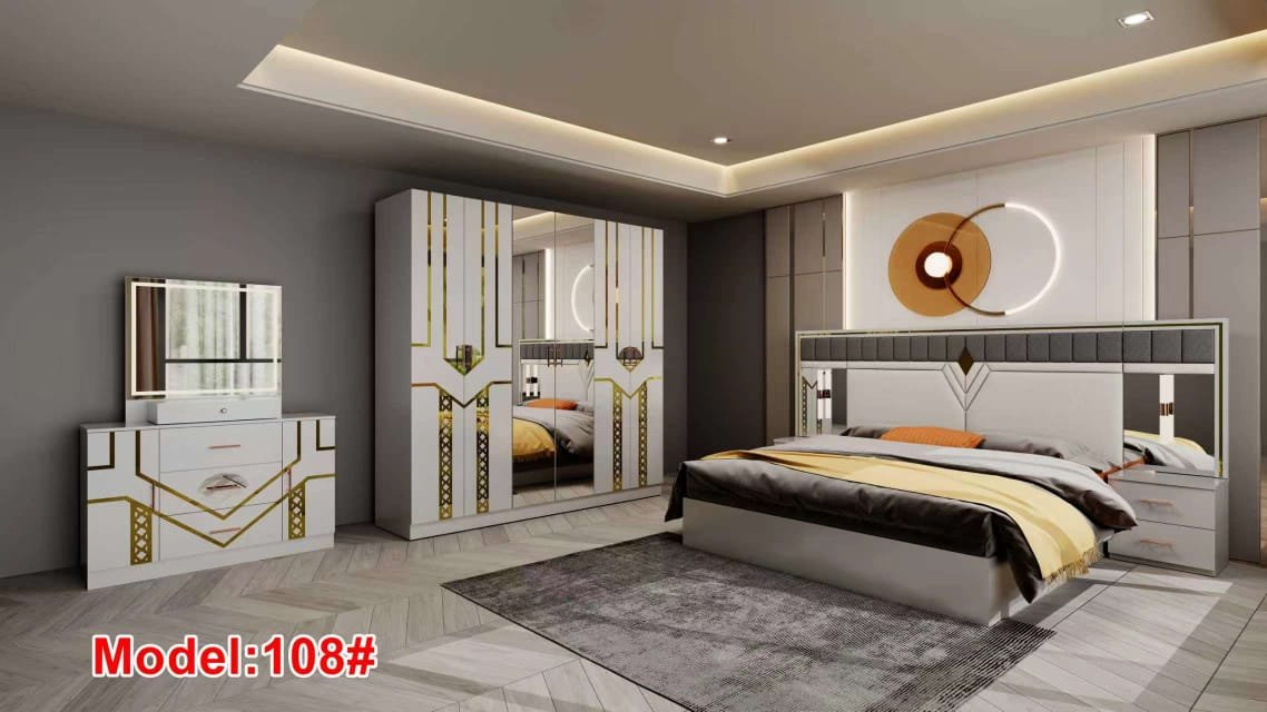 Ensemble Chambre à Coucher Adulte Design Blanc et Or Ensemble Chambre à Coucher Design Blanc et Or – Image 1
