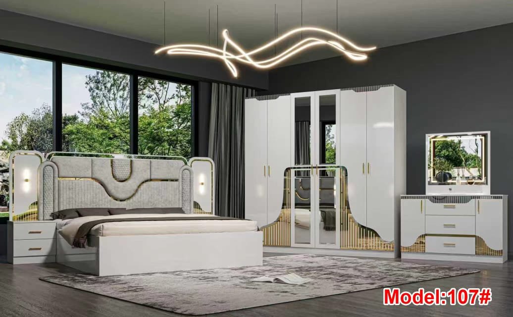 Ensemble Chambre à Coucher Complète Luxe Blanc et Or Ensemble Chambre à Coucher Complète Luxe Blanc et Or – Image 1