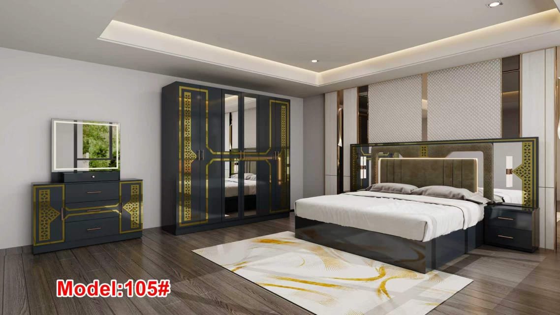 Ensemble Chambre à Coucher Adulte Noir et Or Luxe Ensemble Chambre à Coucher Adulte Noir et Or Luxe – Image 1
