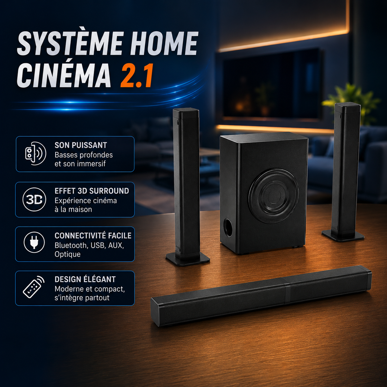 Système Home Cinéma 2.1 | Son 3D Surround Immersif Système Home Cinéma 2.1 | Son 3D Surround Immersif – Image 1