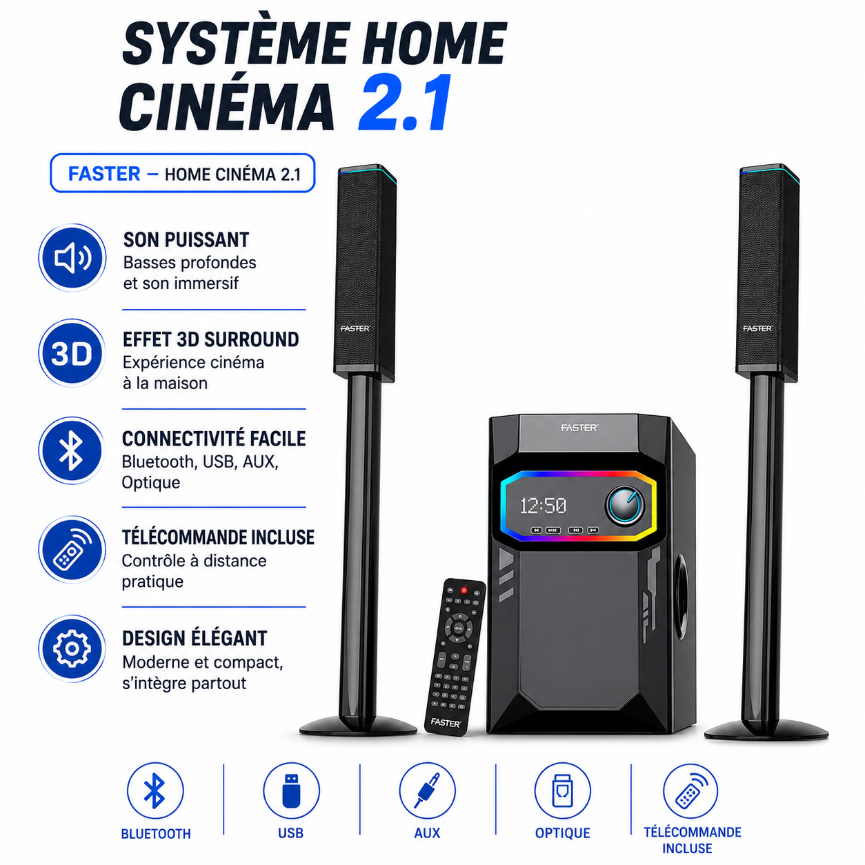 Home Cinéma 2.1 Faster Bluetooth USB AUX Télécommande Home Cinéma 2.1 Faster Bluetooth USB AUX Télécommande – Image 1