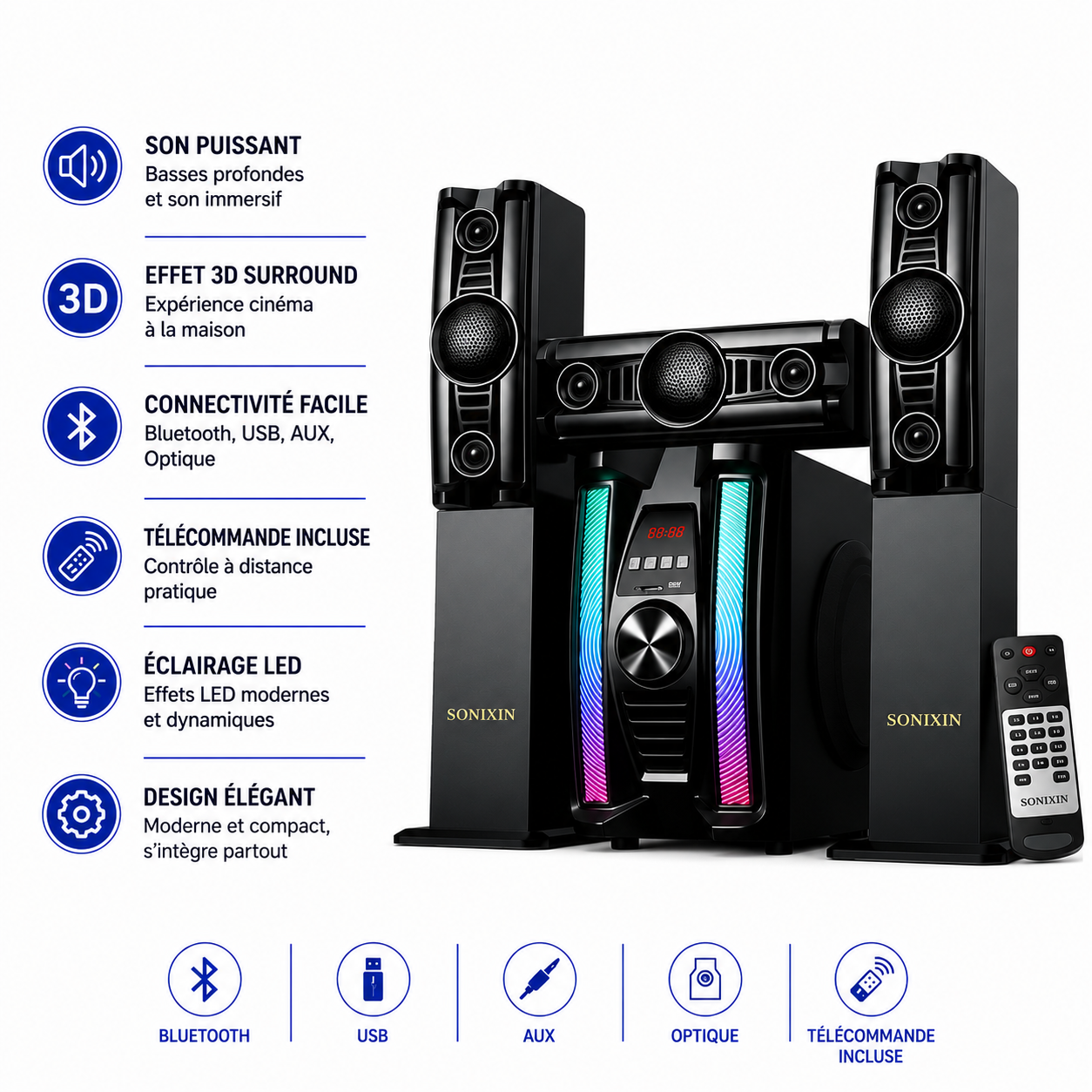 Home Cinéma Sonixin Bluetooth USB AUX LED Télécommande Home Cinéma Sonixin Bluetooth USB AUX LED Télécommande – Image 1