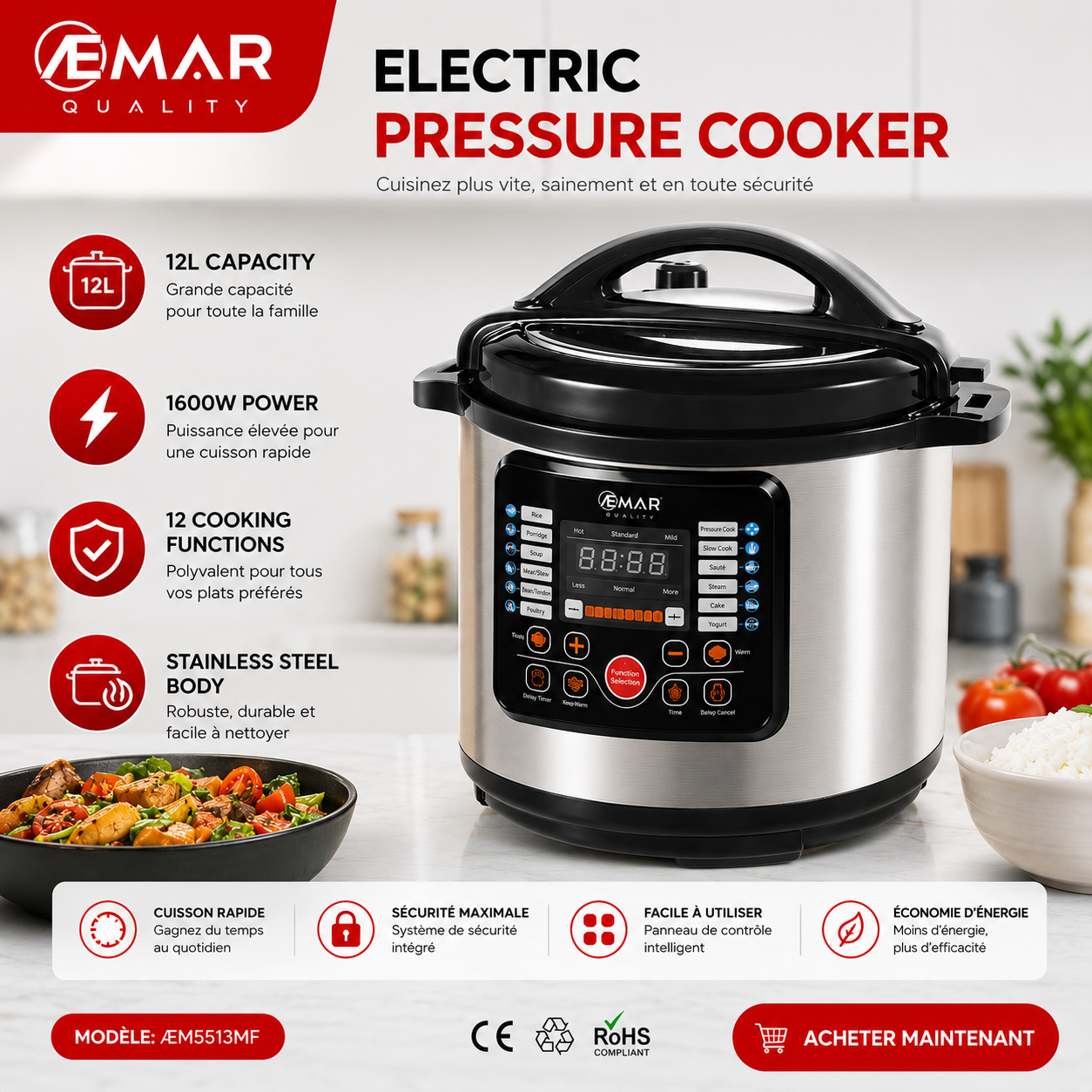 Autocuiseur Électrique Aemar 12L 1600W : Cuiseur XXL Autocuiseur Électrique Aemar 12L 1600W : Cuiseur XXL – Image 1