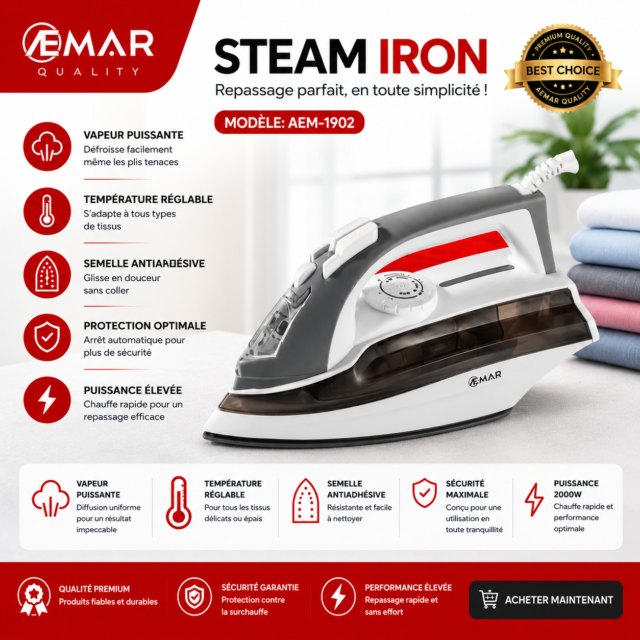 Fer à Repasser Vapeur Aemar AEM-1902 : Efficace et Performant Fer à Repasser Vapeur Aemar AEM-1902 : Efficace et Performant – Image 1