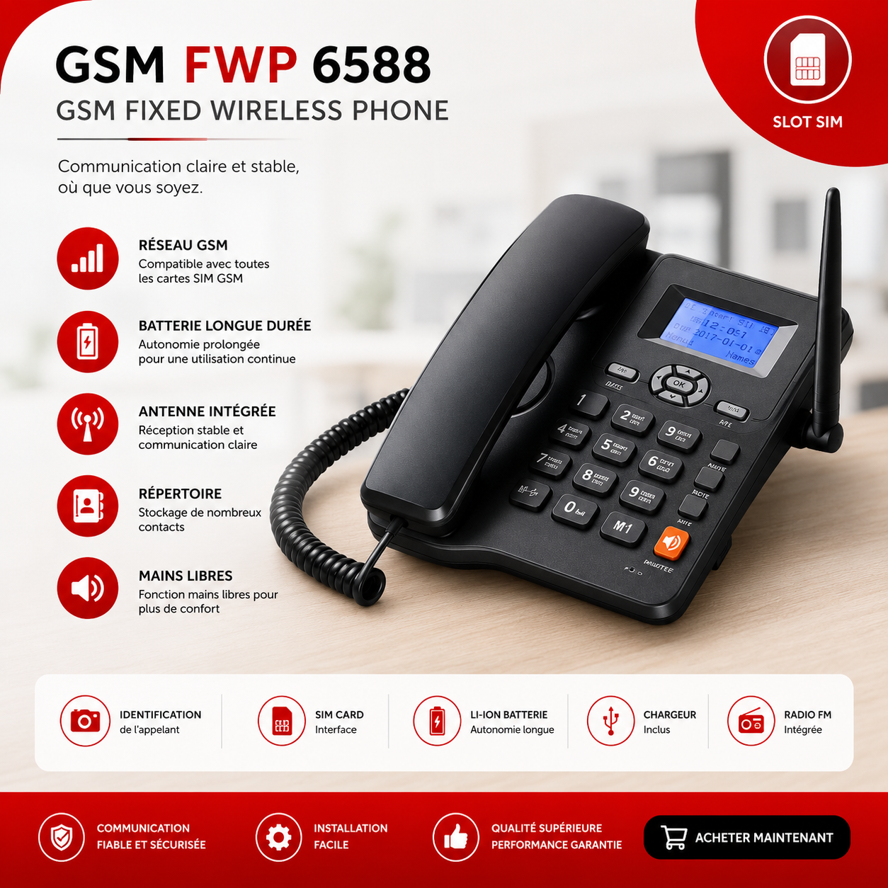Je veux une image moderne de ce climatiseur pour un site e-commerce Téléphone Fixe Sans Fil GSM FWP 6588 : Pratique et Moderne – Image 1