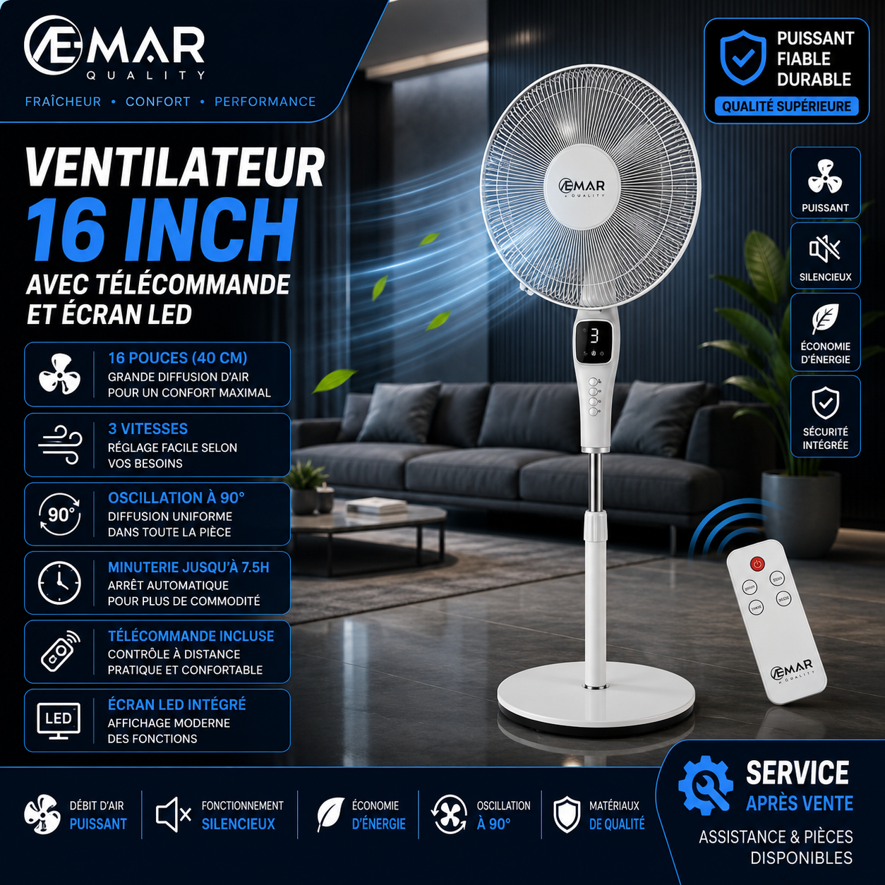 Ventilateur sur Pied 16" Æmar Quality | Écran LED & Télécommande Ventilateur sur Pied 16" Æmar Quality | Écran LED & Télécommande – Image 1