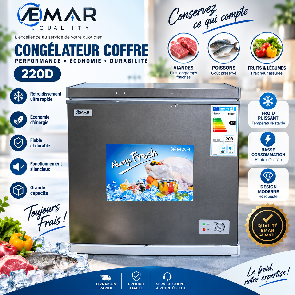 Congélateur Coffre EMAR 400L Grande Capacité Économique Durable Congélateur AEMAR 400L Grande Capacité Économique Durable – Image 1