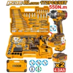 Coffret INGCO 172 Pièces + Clé à Chocs 550Nm Brushless