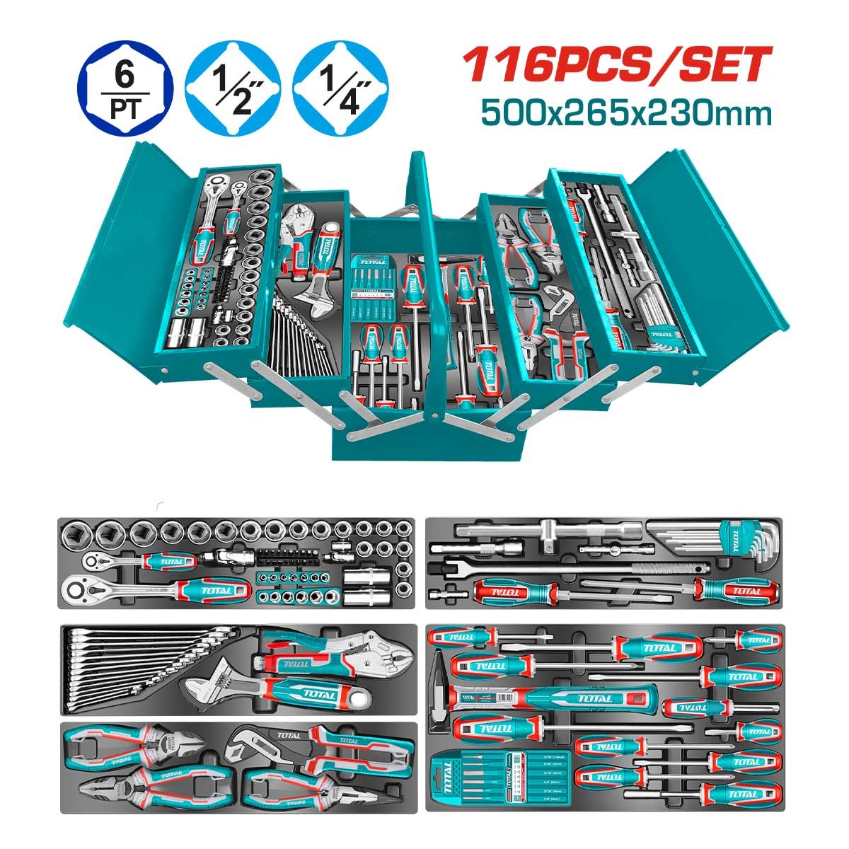 Coffret Outils TOTAL 116 Pièces 1/2 1/4 Caisse Métallique Coffret Outils TOTAL 116 Pièces 1/2 1/4 Caisse Métallique – Image 1