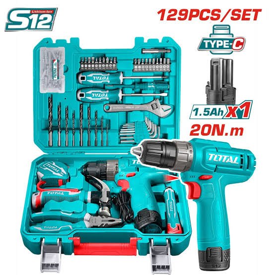 Kit Outils TOTAL 129 Pièces Perceuse 12V S12 20Nm Type-C Pro Kit Outils TOTAL 129 Pièces Perceuse 12V S12 20Nm Type-C Pro – Image 1