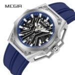Montre Homme MEGIR Bleue Squelette Bracelet Silicone Sport