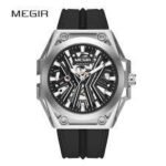 Montre Homme MEGIR Argent Noir Cadran Squelette Style Sport
